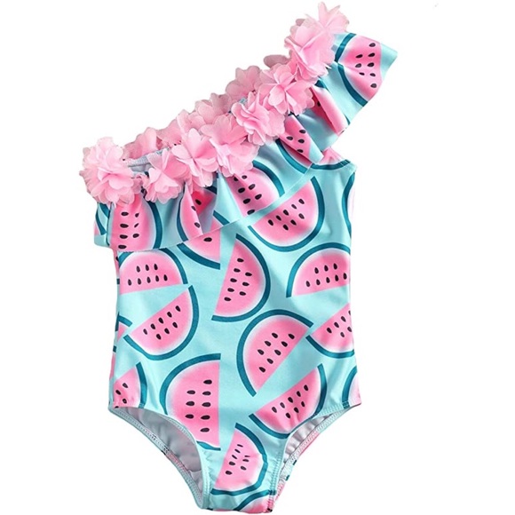 Toddler Girl One Shoulder Watermelon Swimsuit Swimwear Beachwear Bathing Suit - Picture 2 of 3
